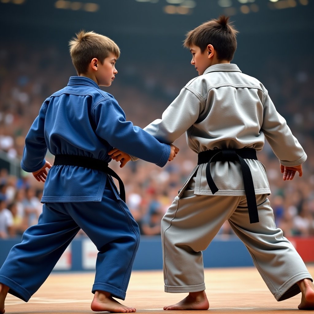 Image depicts a martial arts tournament fight. One competitor wears a blue and black gi, while the other competitor wears a silver gi. Focus on the action between the two fighters, showcasing martial arts techniques.