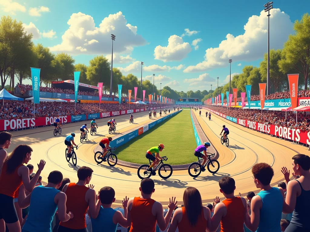 The image illustrates a vibrant cycling championship event. A group of competitive cyclists is racing on a curved track, showcasing a thrilling U-turn. The stadium is packed with enthusiastic spectators, cheering and waving in excitement. Colorful advertising banners line the periphery, promoting various brands. The sunny weather adds to the energetic atmosphere of the event, heightening the sense of competition. This scene captures the dynamic nature of track cycling and the community spirit around sports events.