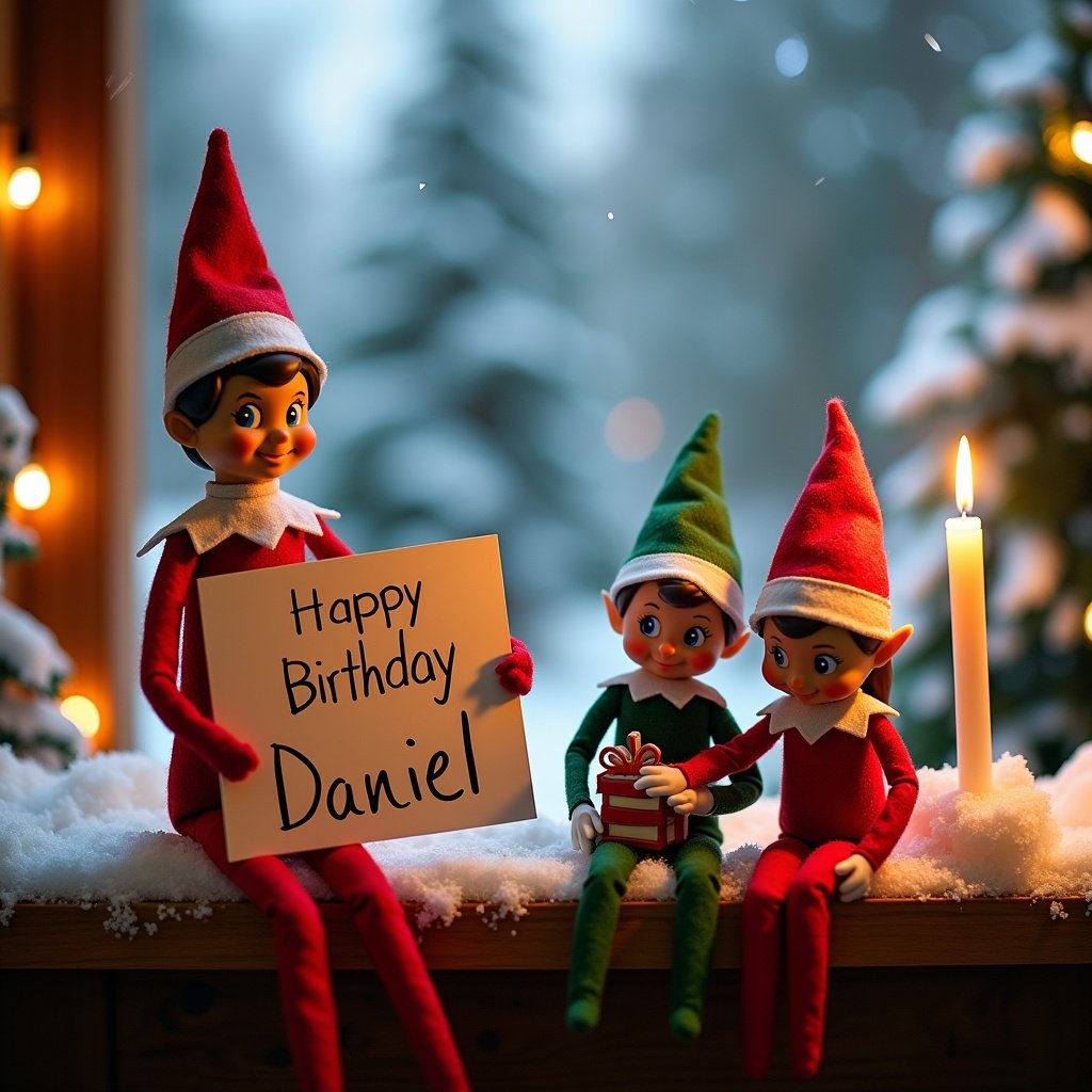 Three colorful elves celebrate a birthday. Red elf green elf and baby girl elf hold a birthday sign. Sign says 'Happy Birthday Daniel'. Background features holiday lights. A lit candle adds warmth. Snowy Christmas trees are visible. Elves are expressing festive joy.