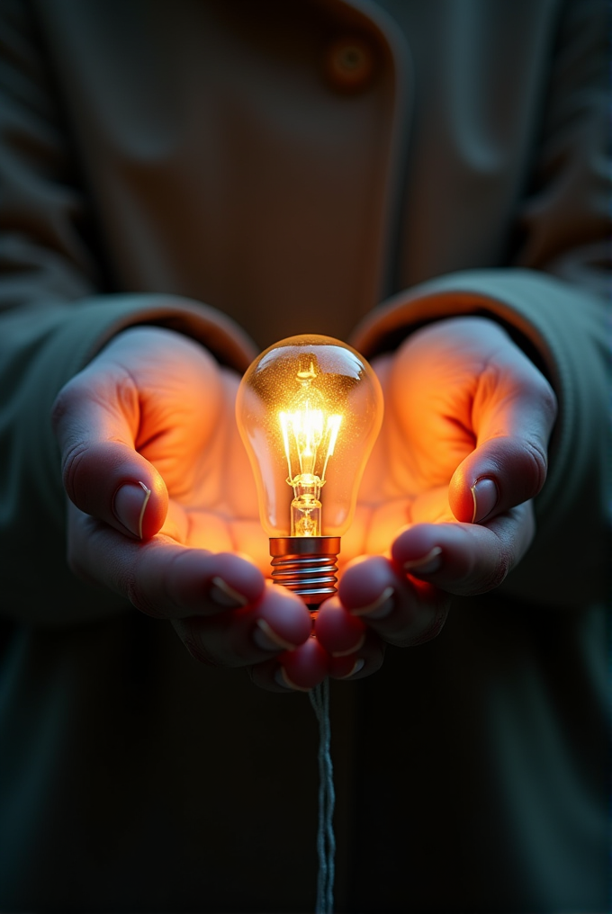 A person holds a glowing light bulb warmly in their cupped hands.