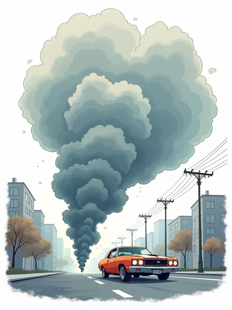 A monstrous exhaust cloud like a giant beast devours a speeding car. Massive plume of smoke bursts from exhaust pipes. The scene is set in an air pollution city street. Style is cartoon with a white background.