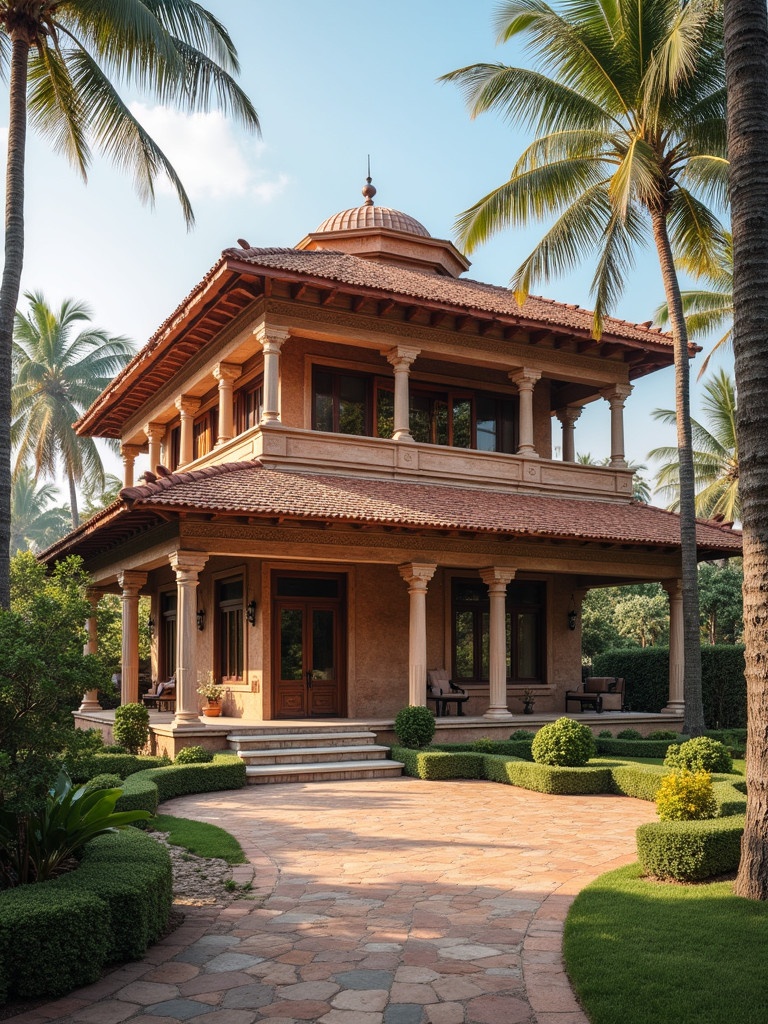 Traditional Indian home architecture design with palm trees large porch and garden path