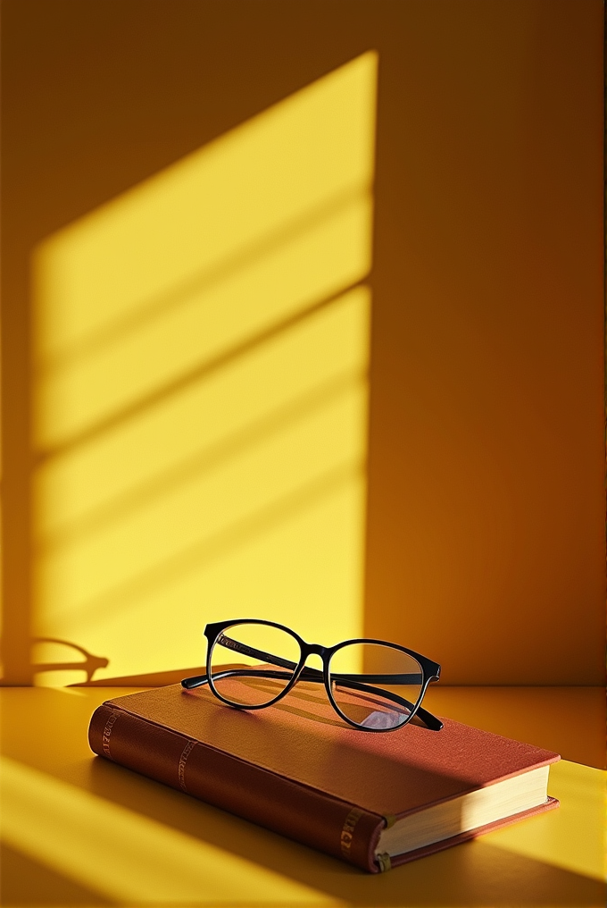 A pair of dark glasses rests on a closed book in warm yellow light.