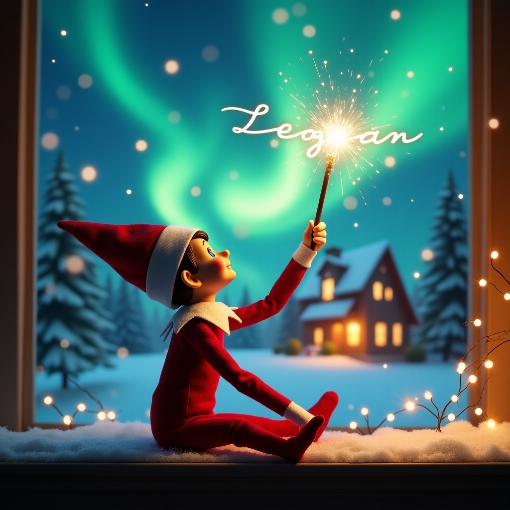 An elf sits with its back to the viewer. It gazes skyward. Elf holds a glowing wand. Wand emits sparkling light. Background showcases Christmas scene. Colorful northern lights swirl above. Cozy house decorated for holidays is visible. Snow covers the ground. Elf embodies magic and wonder of Christmas. Elf writes 'Teagan' in sparkling light in the air.