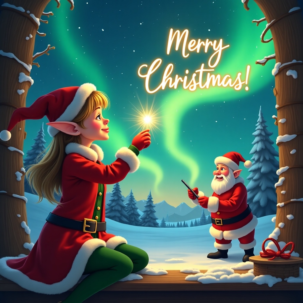 Female elf writing in the sky with a wand. Background showcases northern lights. Includes Santa and Christmas message. Creates a magical Christmas ambiance.