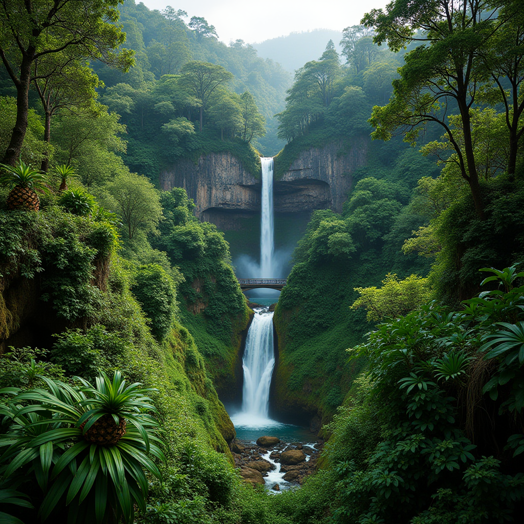 A stunning double waterfall nestled in a lush, green forested canyon.