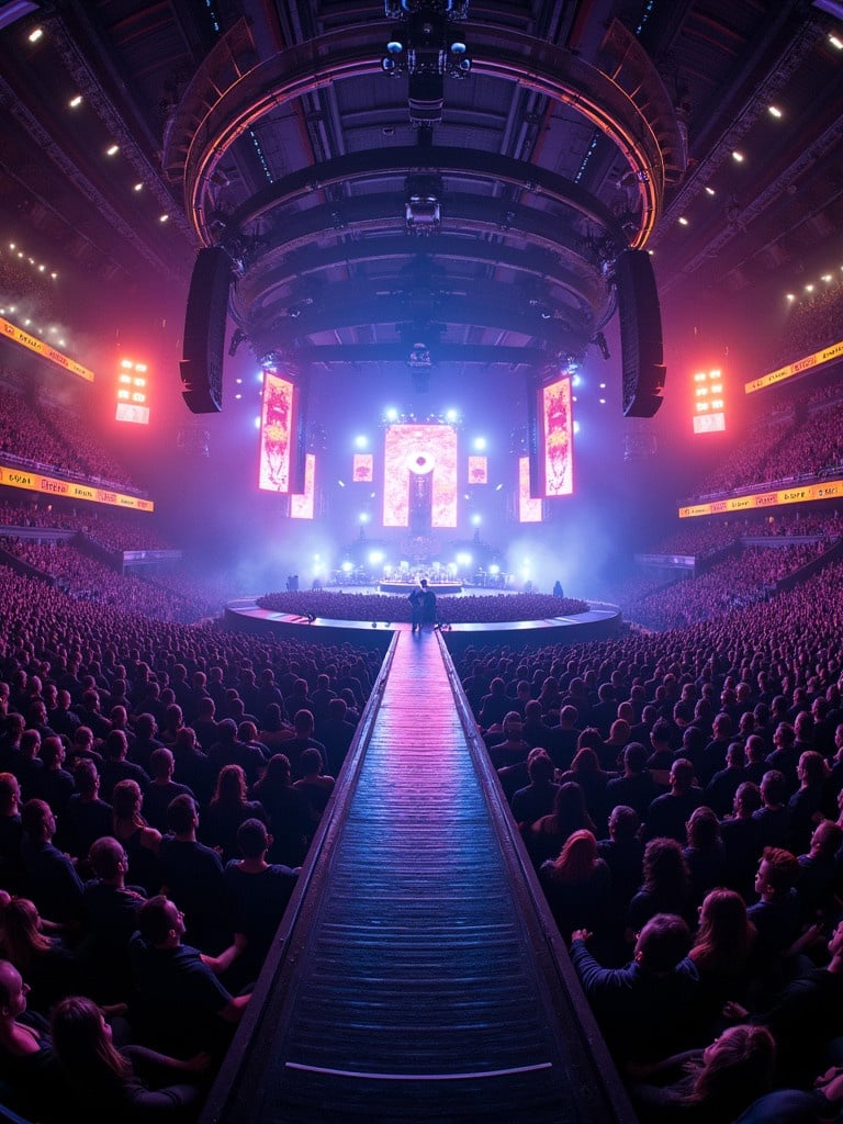 Travis Scott performs at Madison Square Garden. The concert features a 360-stage design and a T-shaped catwalk. Aerial view captures a sea of fans enjoying the performance.