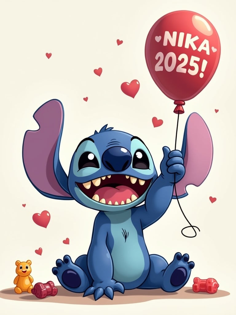 Cartoon alien named Stitch with big ears and smiling face. Stitch is sitting down happily holding a red balloon that says NIKA 2025. He has gummy bears he is tossing. Background is colorful with hearts.