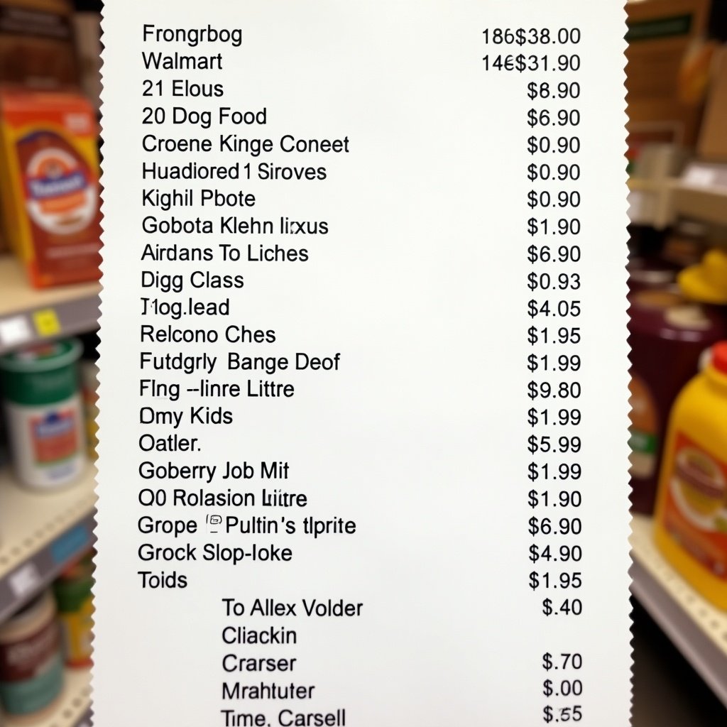 Digital copy of a Walmart receipt that includes dog food and various grocery items listed in an organized format.