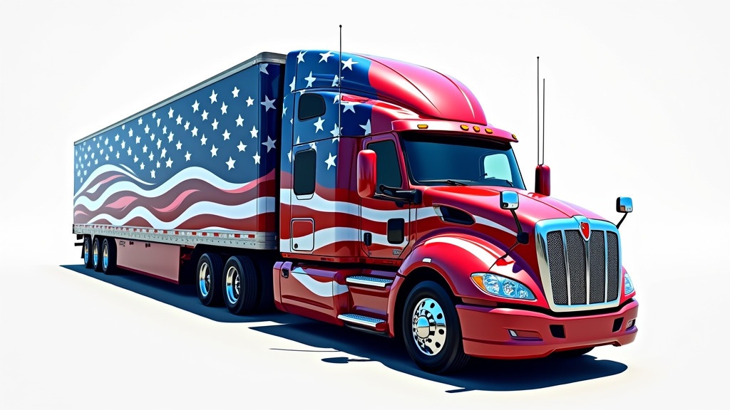 High angle view of a powerful red semi-truck. American flag elements merged into truck graphics. Stripes flow into truck outlines. Stars incorporated in design. Color palette of red, white, and blue. Emphasis on clarity and balance.