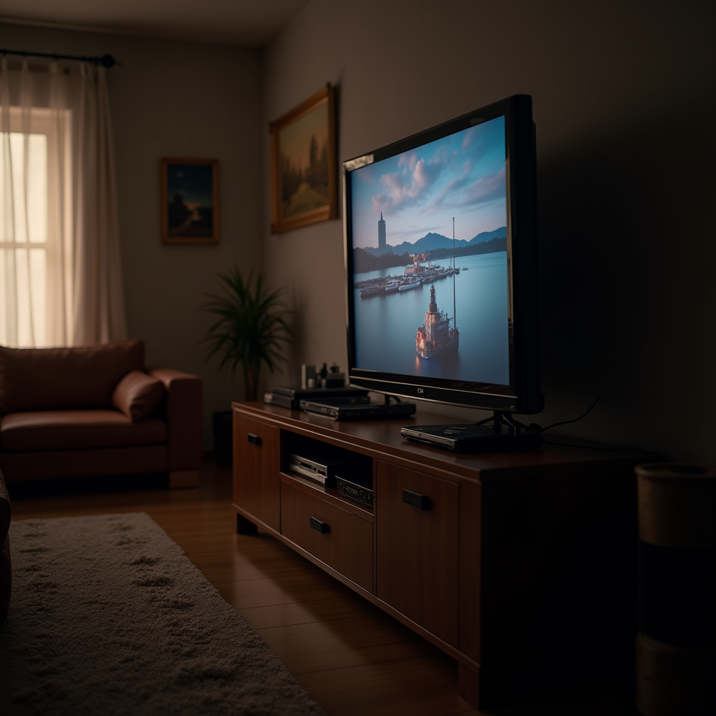 A cozy living room with a television displaying a serene landscape of a boat on water.