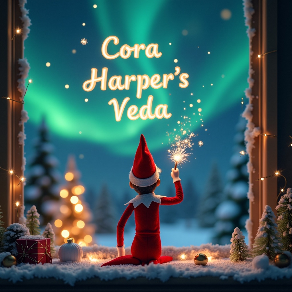 An enchanting Christmas scene showcases an elf on the shelf, facing the sky with his back to the viewer. Clad in vibrant red and white, the elf wields a wand, writing glowing words in the air. The backdrop features breathtaking northern lights, enhancing the magical ambiance. Festive elements like a Christmas tree and decorations set the scene. This whimsical capture perfectly embodies the spirit of Christmas, invoking wonder and excitement as it celebrates the joy of the holiday season.