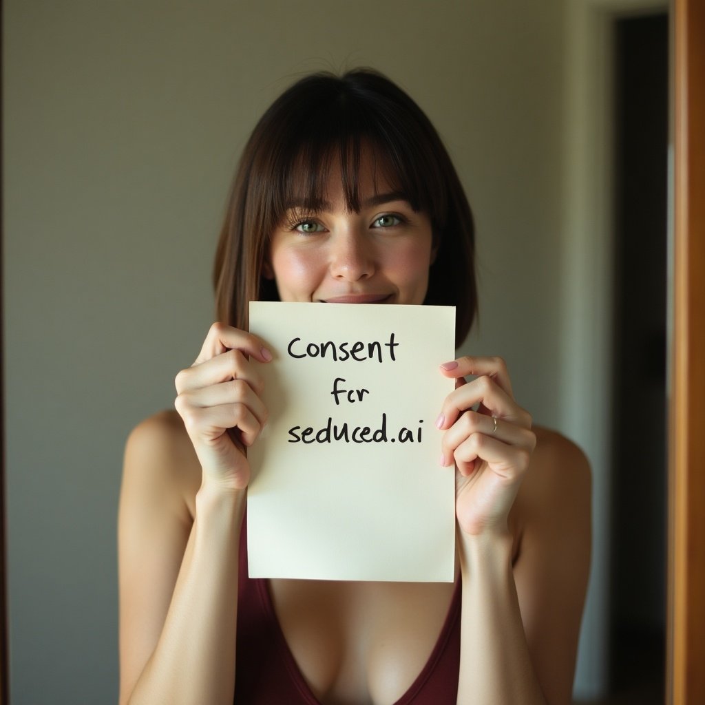 Image features a person holding a note in a mirror showing a handwritten message. Focus on the paper in a neutral indoor space with soft lighting. Genuine personal touch evident.