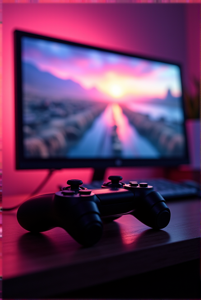 A video game controller rests on a desk in front of a computer screen displaying a colorful sunset scene.