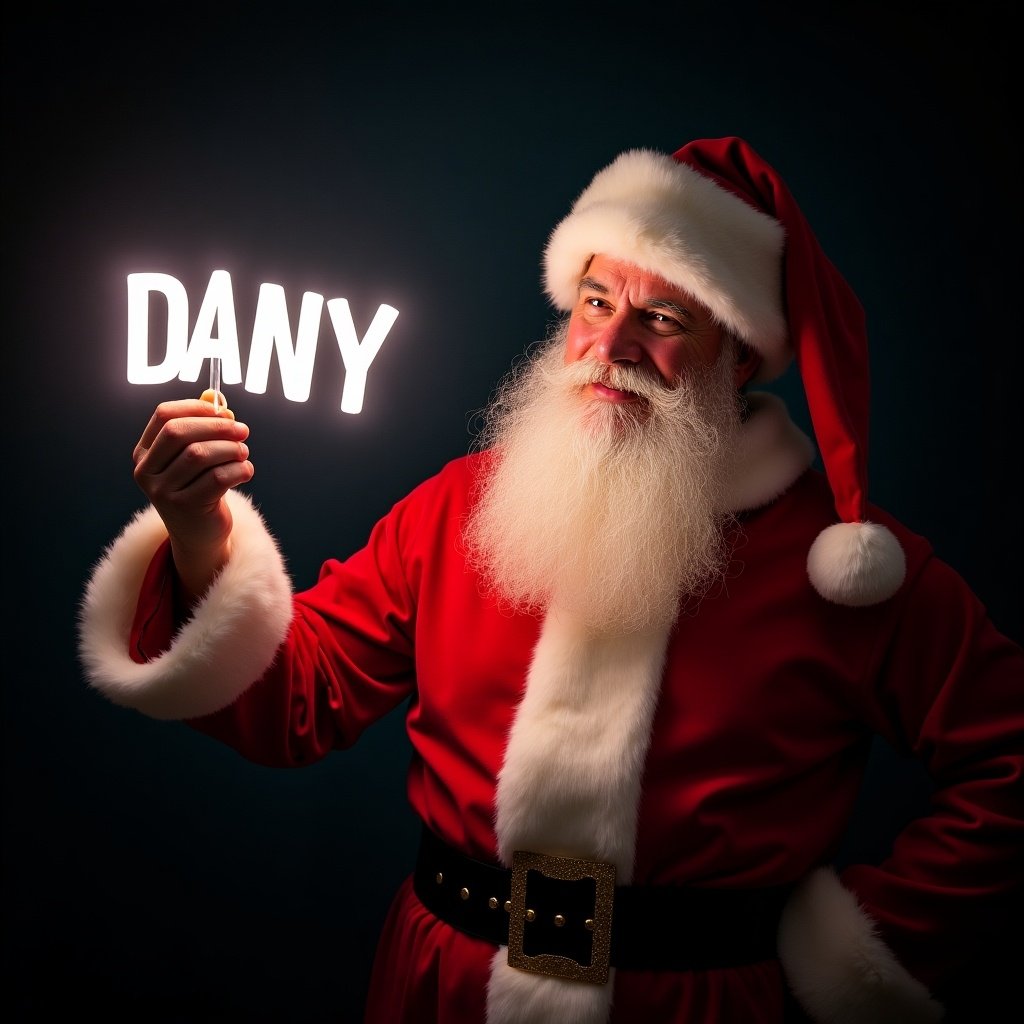 Image shows Santa Claus wearing his traditional red and white outfit. He holds a glowing stick that lights up the name 'DANY'. The background is dark. The bright letters create a festive and magical scene that represents the holiday spirit.