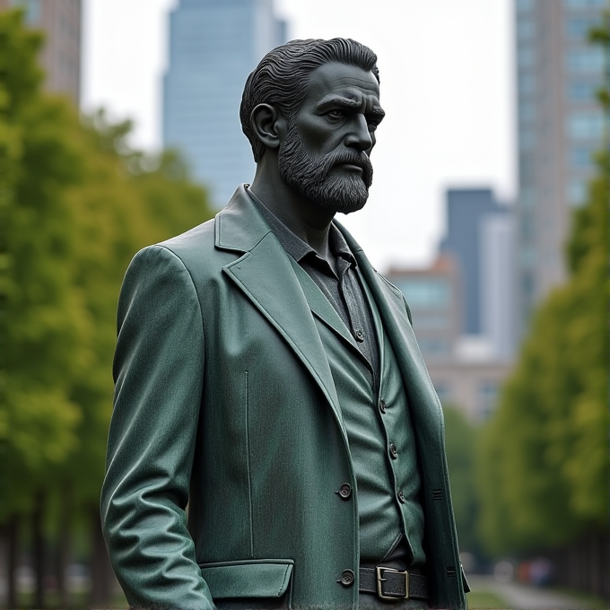 A statue of a man in a suit stands in a park, with trees and tall buildings in the background.