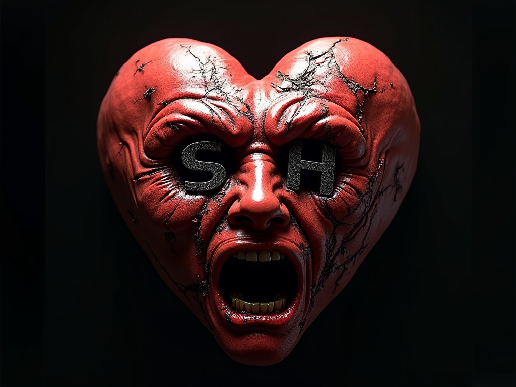 This surreal image depicts a distressed heart-like shape, resembling a human face expressing anguish. The heart is vividly red, featuring cracked texture and pronounced black cracks, adding to the overall dramatic appearance. The letters 'S' and 'H' replace the eyes, adding a mysterious and symbolic element to the piece.