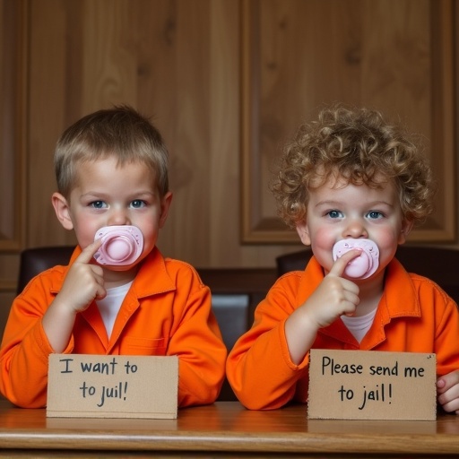 Two children dressed in orange jail jumpsuits. Big pacifiers in their mouths. They sit at a table in a courtroom. Signs read I want to go to jail and Please send me to jail. They point at their pacifiers. Parents add humor with handcuffs. The atmosphere is playful.