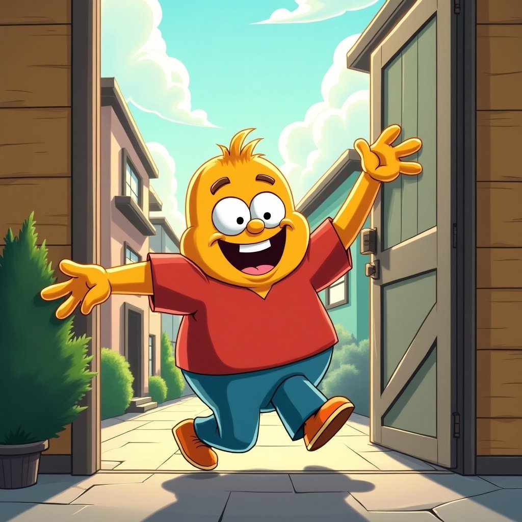 A cheerful animated character jumps out of home. Character smiles joyfully. Bright neighborhood scene. Sunny day, vibrant buildings.