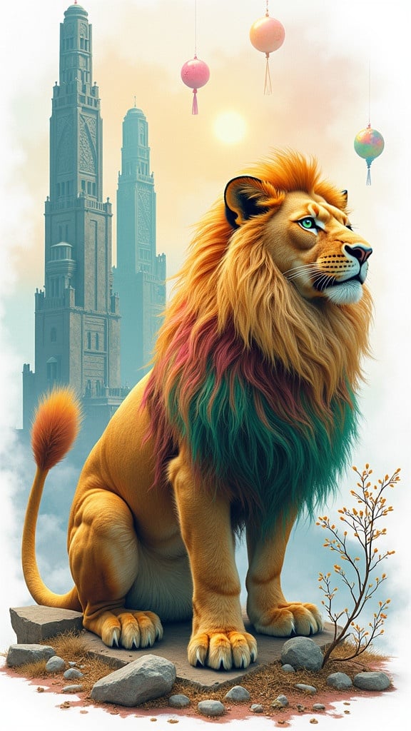 High-detailed hyperrealistic lion with colorful mane. Surreal background with towering structures. Emphasis on creativity and art style. Blending hyperrealism and surrealism. Isolated on white background. HD 8k resolution.