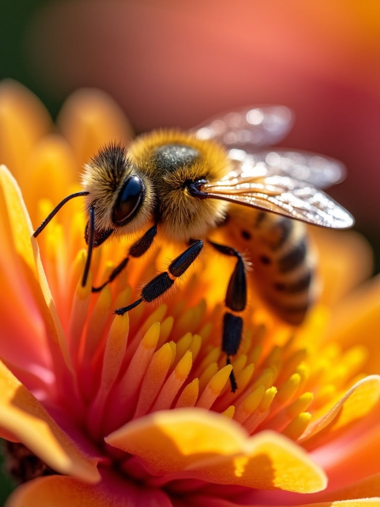 Close-up of a honey bee on a vibrant flower. The bee is detailed with visible hairs and eyes. The flower has orange and yellow petals. Background is softly blurred with colors of nature.