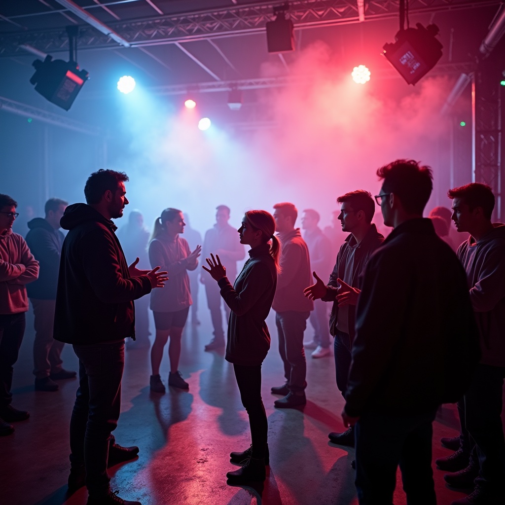 The image depicts a vibrant energetic scene set in a creatively lit space. A director stands in the foreground engaged in conversation with a lead actress surrounded by a group of cast members. The atmosphere is dynamic with colored lights casting shadows and fog giving a mysterious feel to the setting. This scene captures a moment of artistic collaboration before a performance or film shoot.