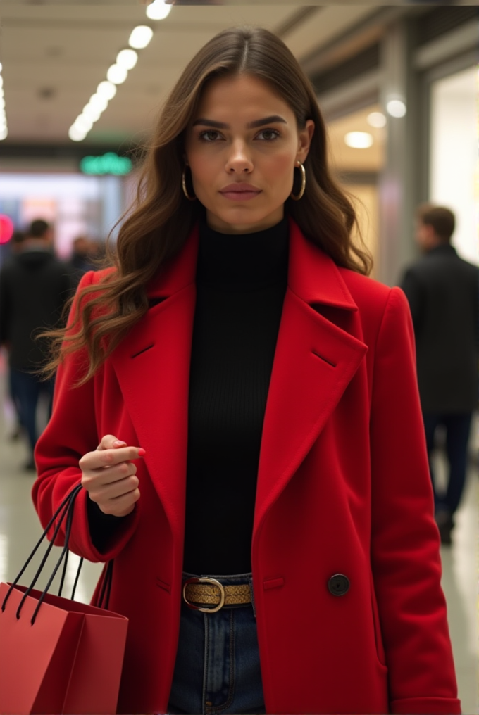 A woman in a vibrant red coat, holding shopping bags, walks through a brightly lit shopping mall.