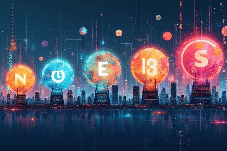 Create an artistic representation of five years in sequence with a futuristic skyline. Include vibrant colors and abstract elements. Focus on circles that represent each year with powerful backgrounds.