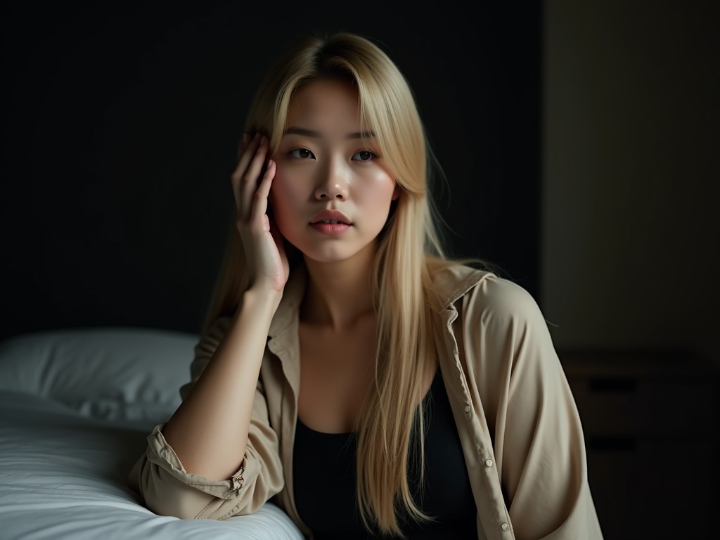 The image portrays a young woman with long blonde hair sitting in a softly lit room. She is wearing a beige shirt over a black top and rests her head against her hand, gazing thoughtfully at the camera. The background is out of focus, emphasizing the serene and contemplative mood of the scene.