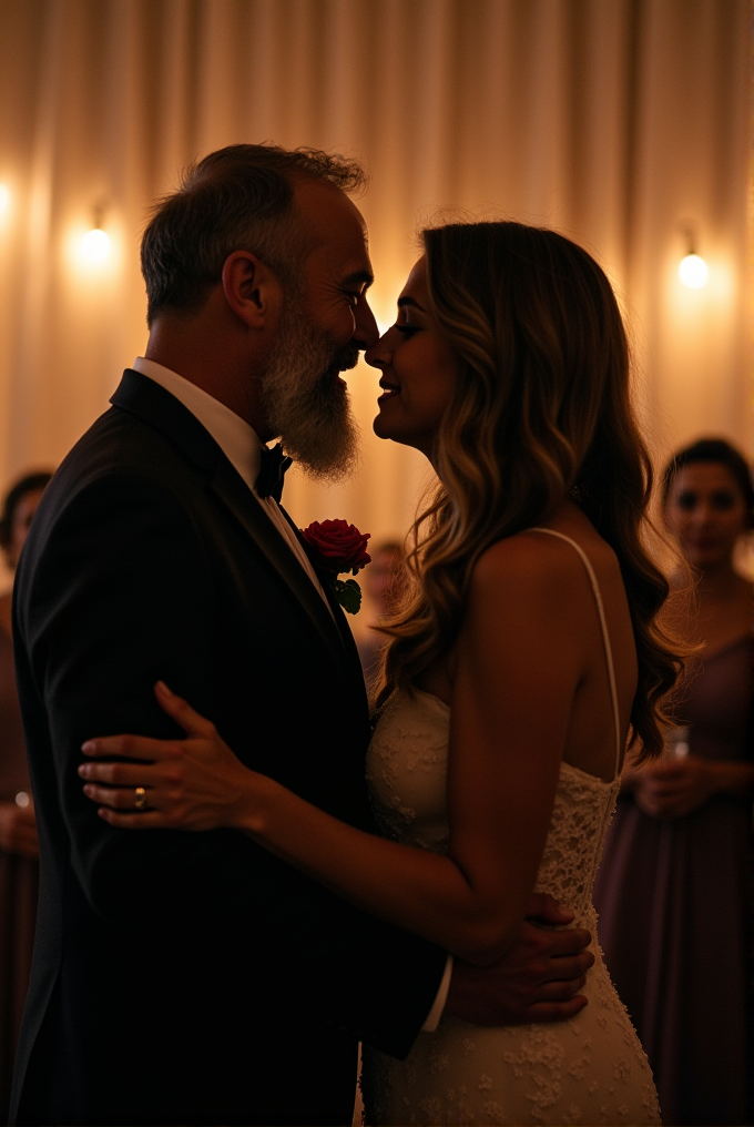 A couple shares an intimate dance, enveloped in soft, warm lighting.