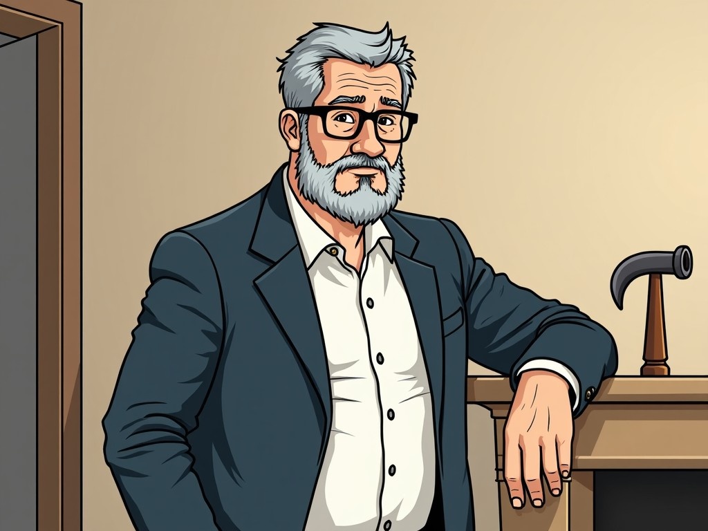 Create a cartoon character of a middle-aged man in his 40s or 50s. He has short graying hair and a neatly trimmed gray beard, wearing glasses. His attire includes a crisp white button-down shirt under a dark navy-blue blazer, buttoned up. He leans with his right forearm resting on a light-beige or cream-colored fireplace. This teacher looks sad, as he has just been kicked out of an Italian school. In his hand, he holds a hammer and sickle.