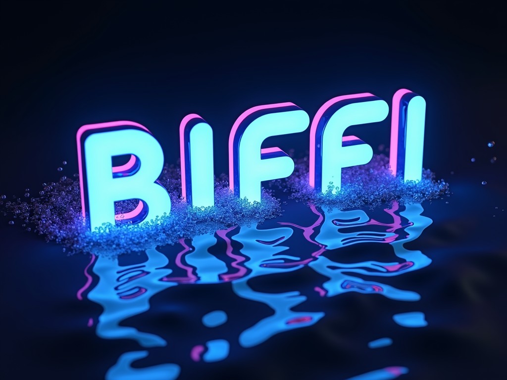 This digital artwork features the word 'BIFFI' in bold neon letters, radiating vibrant blue and pink hues. The letters appear to float above a reflective water surface, with small bubbles surrounding them, creating an ethereal, futuristic ambiance. The design plays with light and reflections to create a mesmerizing visual effect.