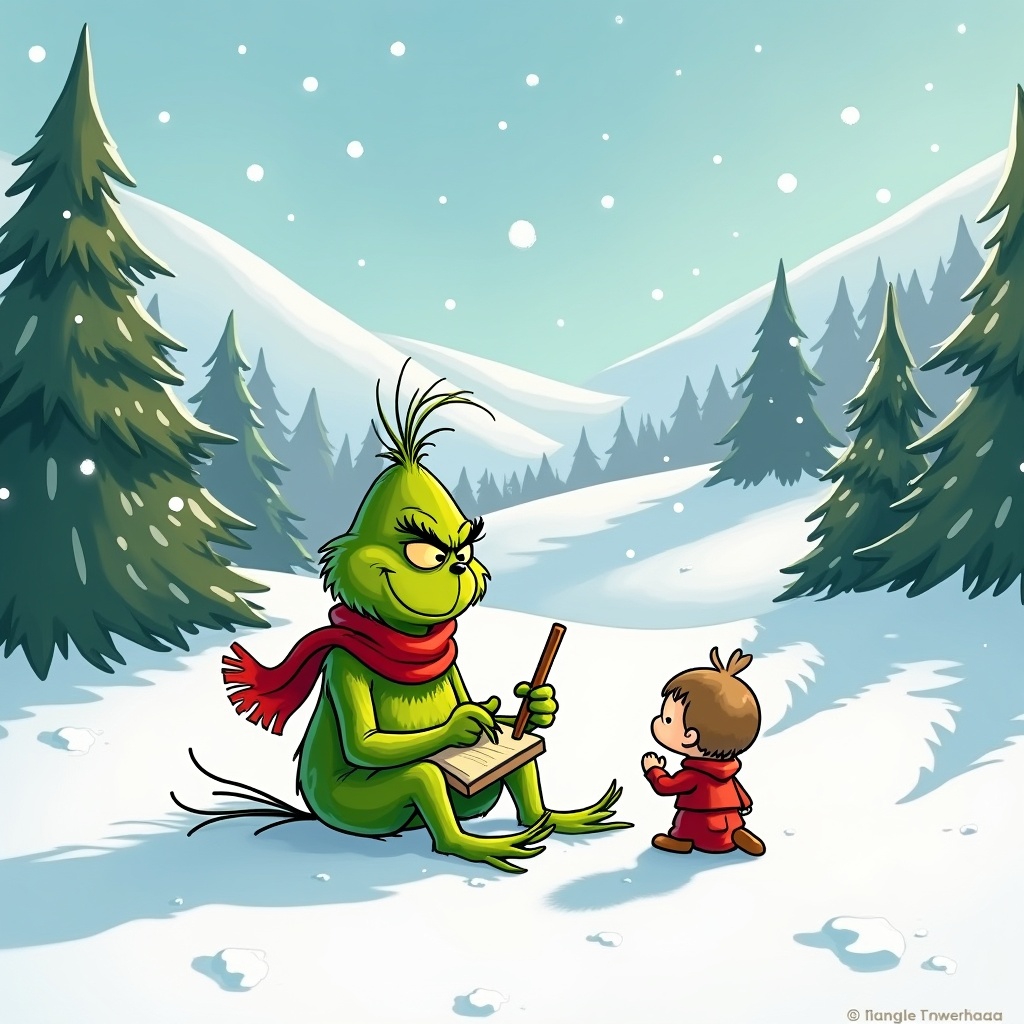 The Grinch sits in the snow writing with a stick. A small character watches him. Snow-covered hills and evergreen trees surround them. The Grinch is wearing a red scarf and is green.