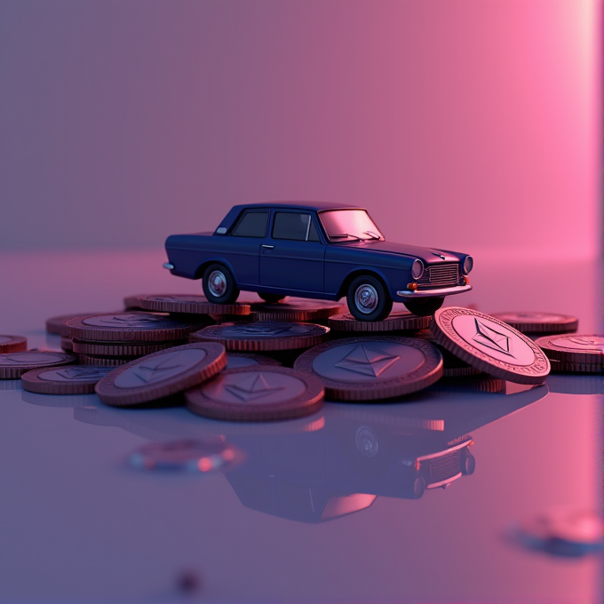 A toy vintage car is placed on a pile of cryptocurrency coins with a pink and blue gradient background.