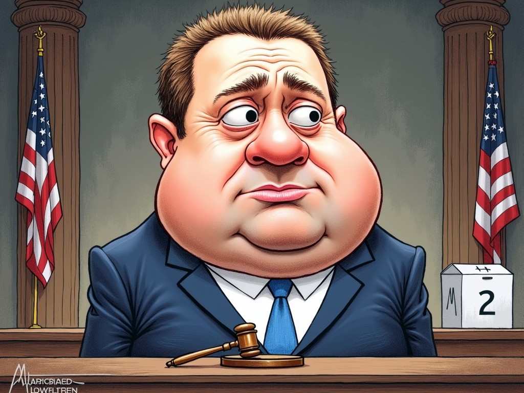 This cartoon features a caricature of a somber man in a courtroom setting. He wears a suit and sits behind a gavel, suggesting a judicial role. The exaggerated features, particularly the large cheeks, add a humorous element. American flags on either side reinforce the legal and governmental context.