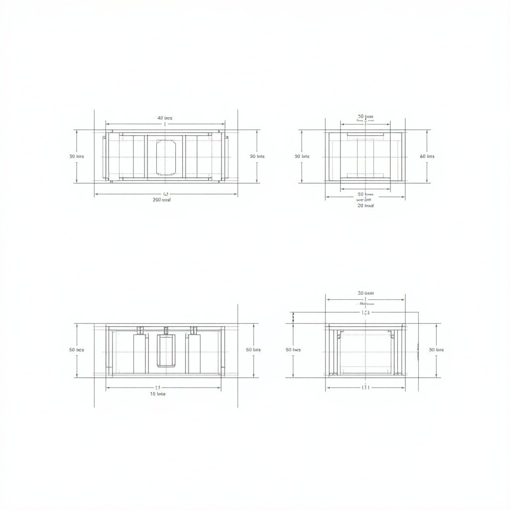 3D model converted into a sectional drawing. Varied line weights used to show depth. Thicker lines denote closer objects. With precise line work, details highlighted on tables and cylindrical sections. Walls and structural elements defined with hatch patterns. Clear separation between different planes enhances depth and spatial arrangement. Drawing shows rectangular section with notches, front view height of 30 units and width of 50 units, notches on each side. Top view width of 50 units, depth with notches. Side view height of 30 units and depth of 50 units, notches as protrusions. Suitable for engineering and architectural contexts.