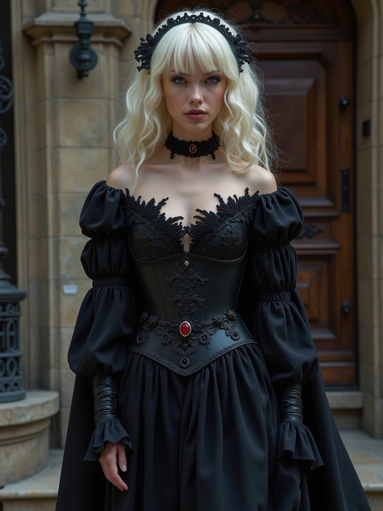 Gothic style dress model stands in front of a classic building. Model wears a fitted black dress with lace. Dark red accents adorn the outfit. Flowy cape adds drama to the look. Hair styled in soft waves with a gothic headpiece.