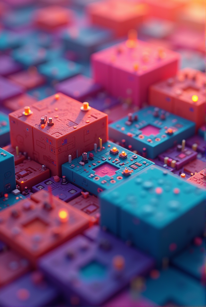 A colorful array of abstract circuit-like structures resembling a cityscape, illuminated by warm sunlight.