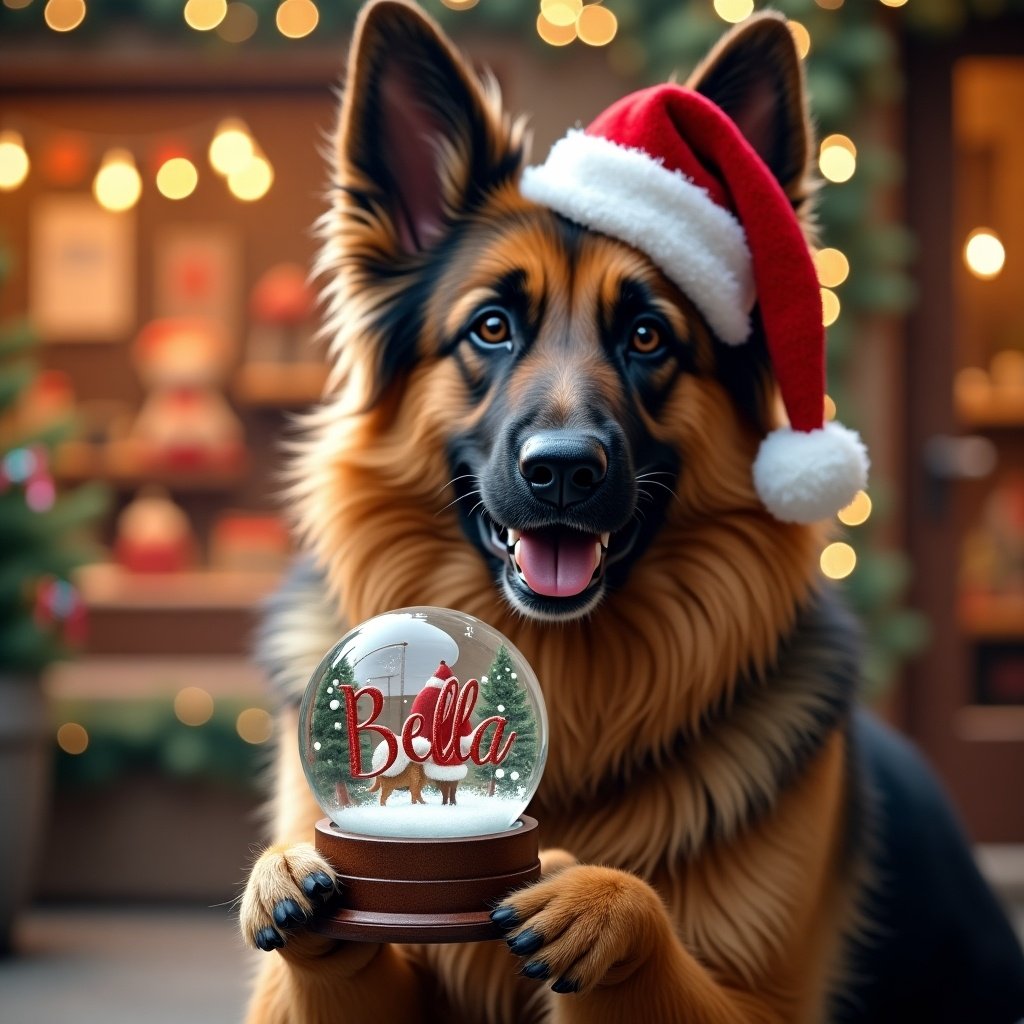 Christmas scene with dog holding snow globe in toy shop. Dog wears Santa hat. Snow globe shows name Bella. Background has festive decorations and lights.