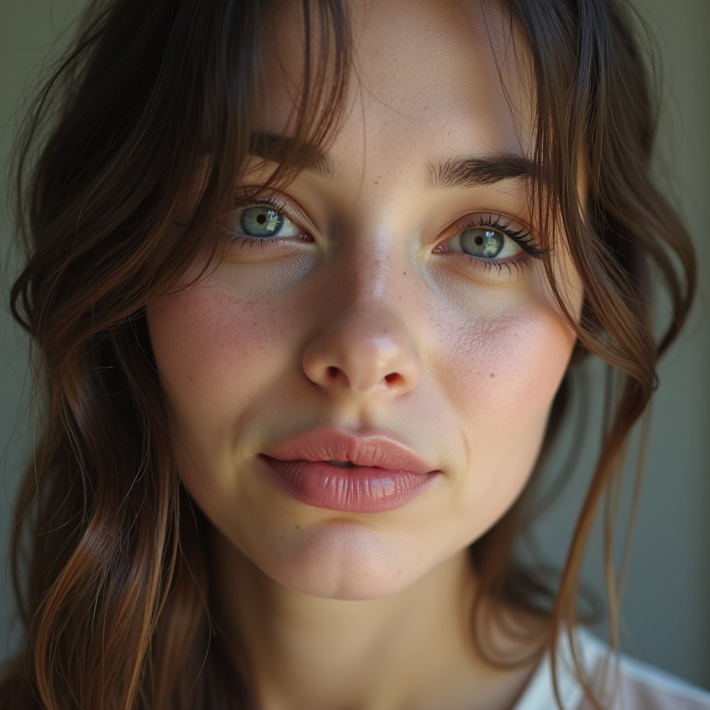 Close-up portrait without makeup featuring flowing hair and a natural appearance. Soft focus on the face with highlights on hair.