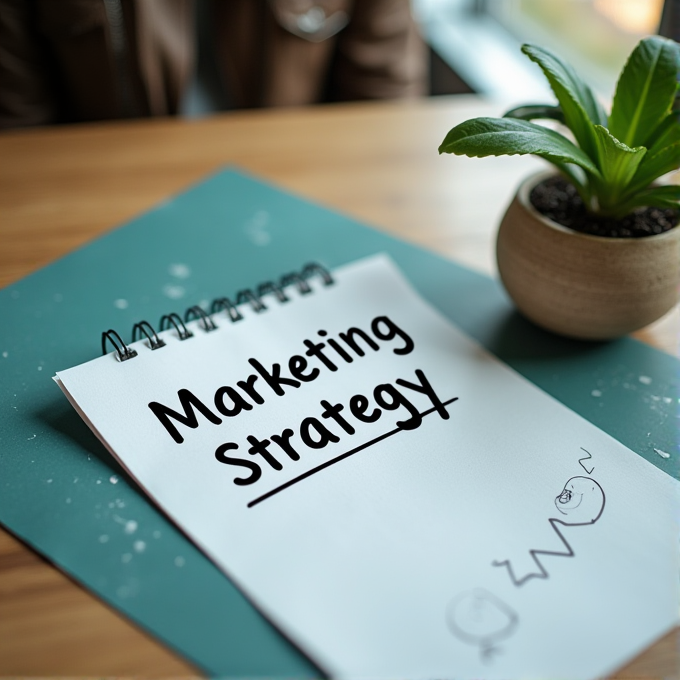 A notebook with 'Marketing Strategy' written on it, placed beside a potted plant on a wooden table.