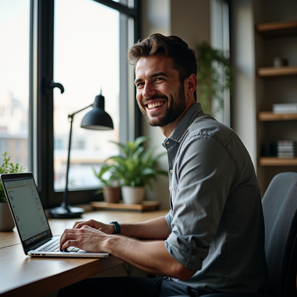 A smiling man working on a laptop in a bright office filled with plants.