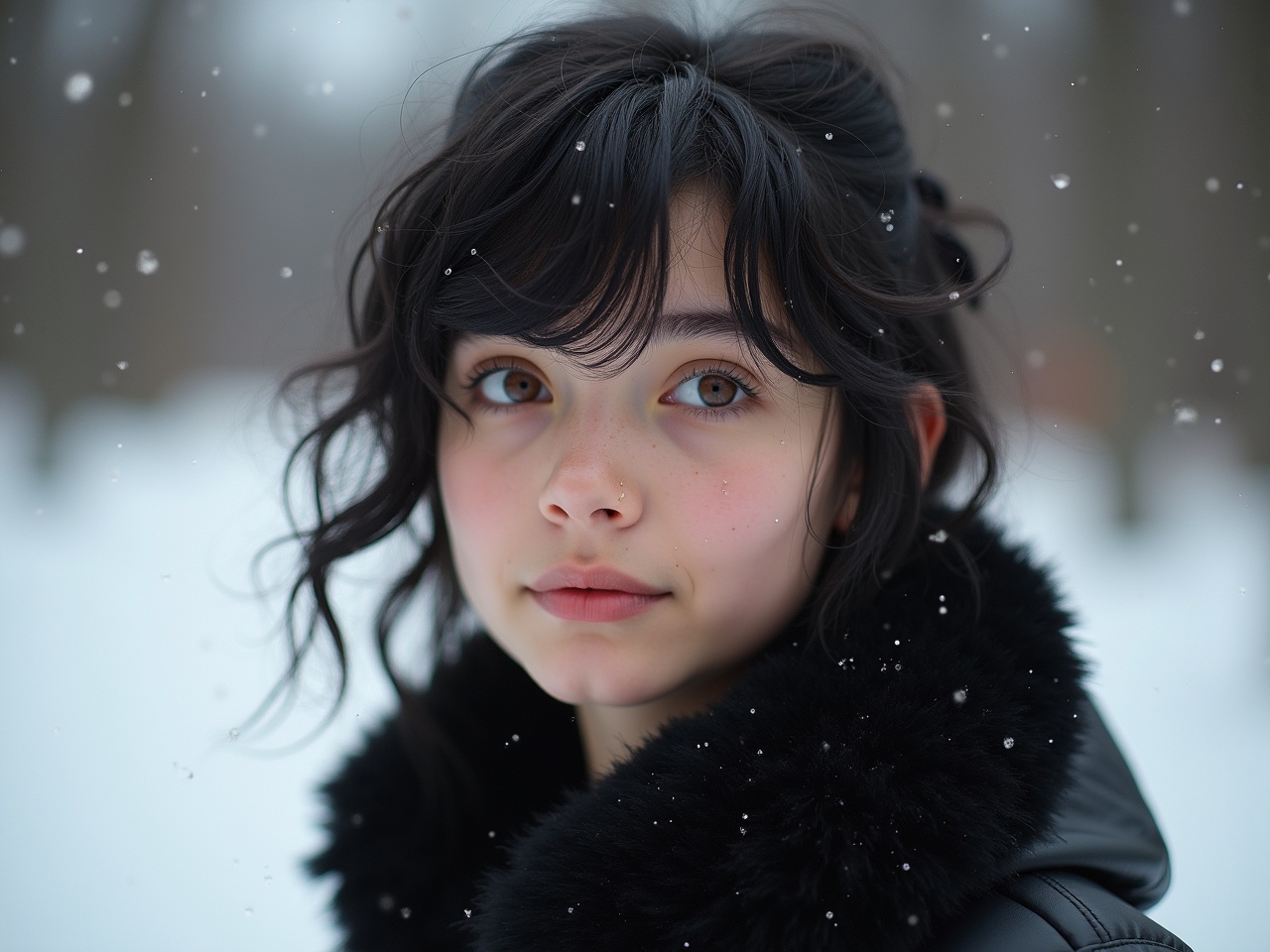 A close-up portrait of a young person in winter, with snowflakes falling, wearing a black coat with fur collar, natural soft lighting, and a serene expression.