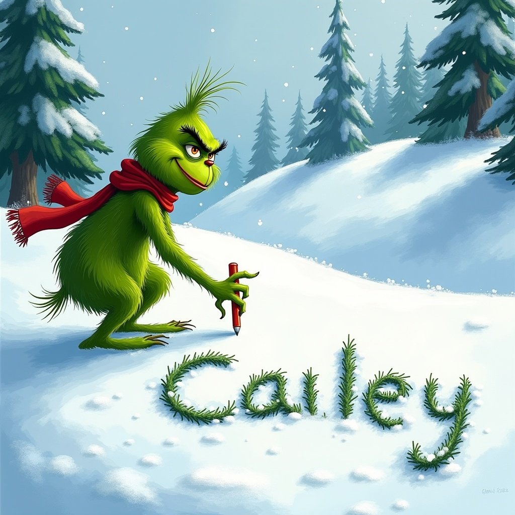 The Grinch writes Cauley in snow. Snow-covered hills and evergreen trees surround. The Grinch has green fur and wears a red scarf.