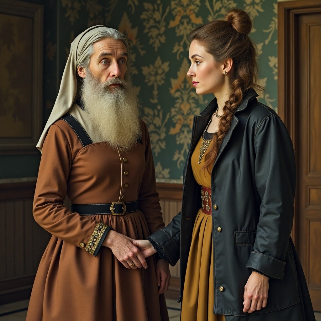 Two women in period costumes stand together in an ornate room. One wears a long brown dress with a belt and the other dons a layered outfit with a dark coat. The ambiance is warm and inviting, hinting at a family dynamic. Intricate wallpaper and vintage decor add depth.