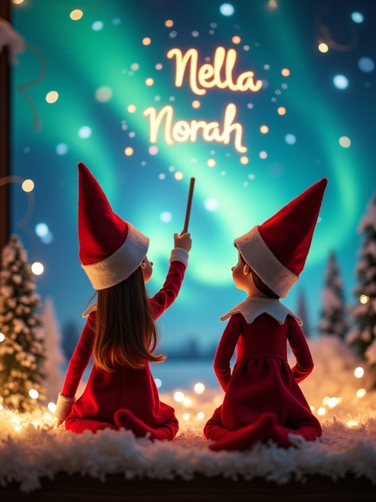 An enchanting Christmas scene features two girl elves on a shelf. They face the sky with their backs to the viewer. The first elf dressed in red and white wields a magic wand. 'Nella' and 'Norah' is written in glowing script above them. The backdrop has vibrant northern lights. Soft twinkling lights surround the scene. The elves' position and action create wonder and excitement for the joyful holiday season.