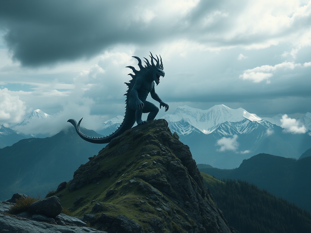 A majestic dragon stands atop a rugged mountain peak, overlooking a vast range of snow-capped mountains under dramatic cloudy skies. The creature's silhouette is striking against the misty backdrop, giving it an aura of mystery and power. The landscape exhibits a sense of grandeur and adventure, inviting viewers to imagine epic tales in a mythical land.