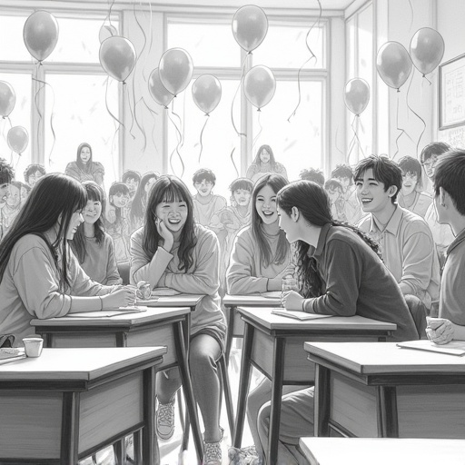 Highly detailed hyper-realistic pencil sketch of a classroom filled with late-teen students laughing and celebrating with balloons and streamers. Students are seated or standing immersed in joy. Composition follows the rule of thirds capturing lively atmosphere. Camera angle is wide shot eye-level showing full classroom layout and dynamic energy. Lighting is chiaroscuro contrasting bright celebration with subtle shadows. Texture features smooth blended shading and fine sharp lines. Monochrome color tone high contrast true black and white. Ultra-high-resolution sharply rendered with realistic detail in expressions decorations and clothing.