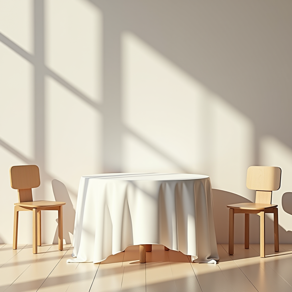 A minimalistic dining setup with two wooden chairs and a draped table basking in warm sunlight.