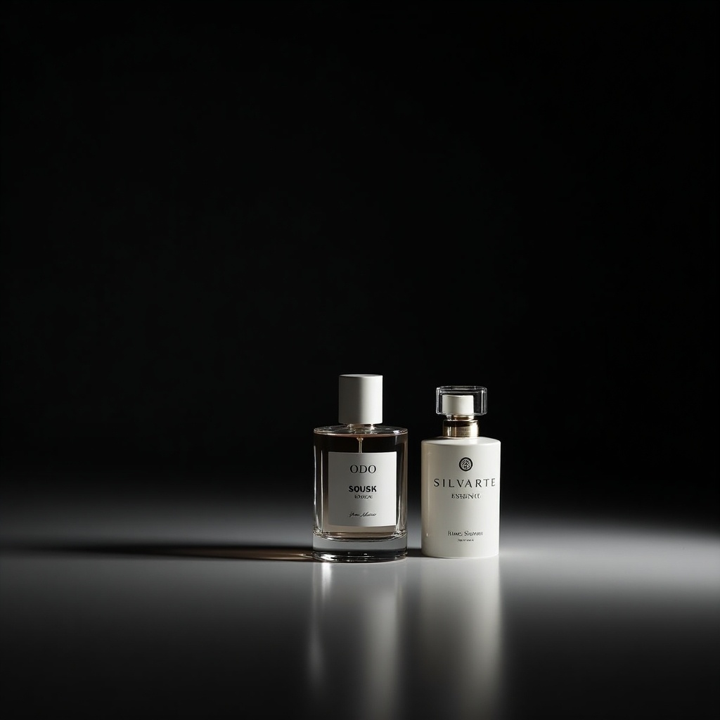 Minimalist design featuring two elegant perfume bottles. Labels display 'Odo' and 'Silvarte Essence'. Transparent bottle exudes sophistication. Luxurious touch from Silvarte Essence. Positioned on smooth surface against dark background. Soft lighting enhances allure and mystery. Overall luxury conveys refinement for advertising.